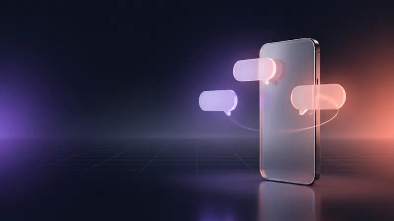 Telemóvel de vidro com balões de conversa a flutuar à volta.