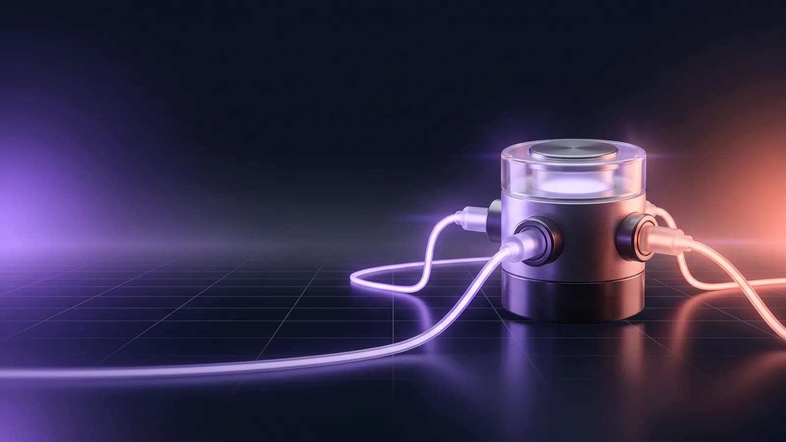 Conector cilíndrico de metal e vidro com cabos luminosos ligados dos dois lados.
