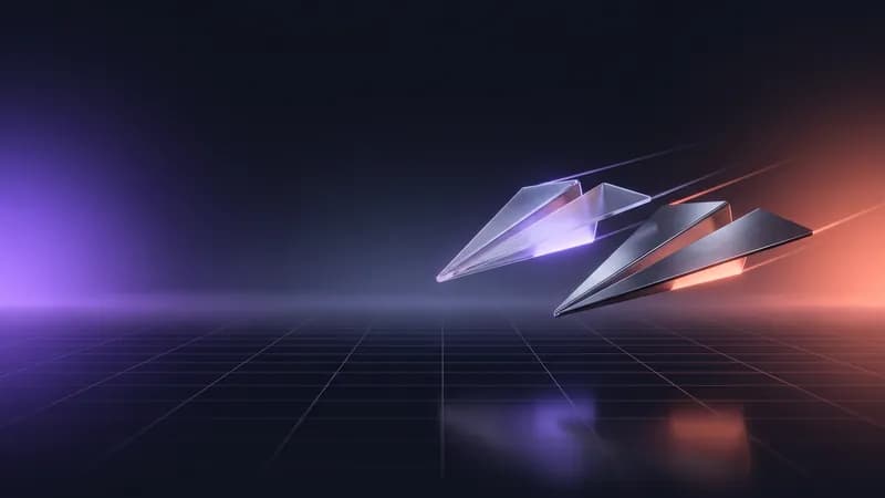 Dois aviões de papel, um de vidro e outro de metal, a voar lado a lado com rastos de luz violeta e coral.