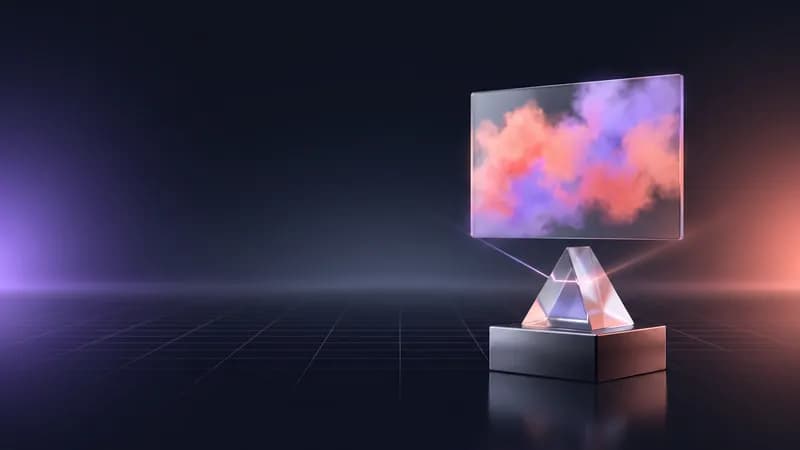 Prisma de vidro num pedestal escuro a projetar uma moldura com nuvens violeta e coral.