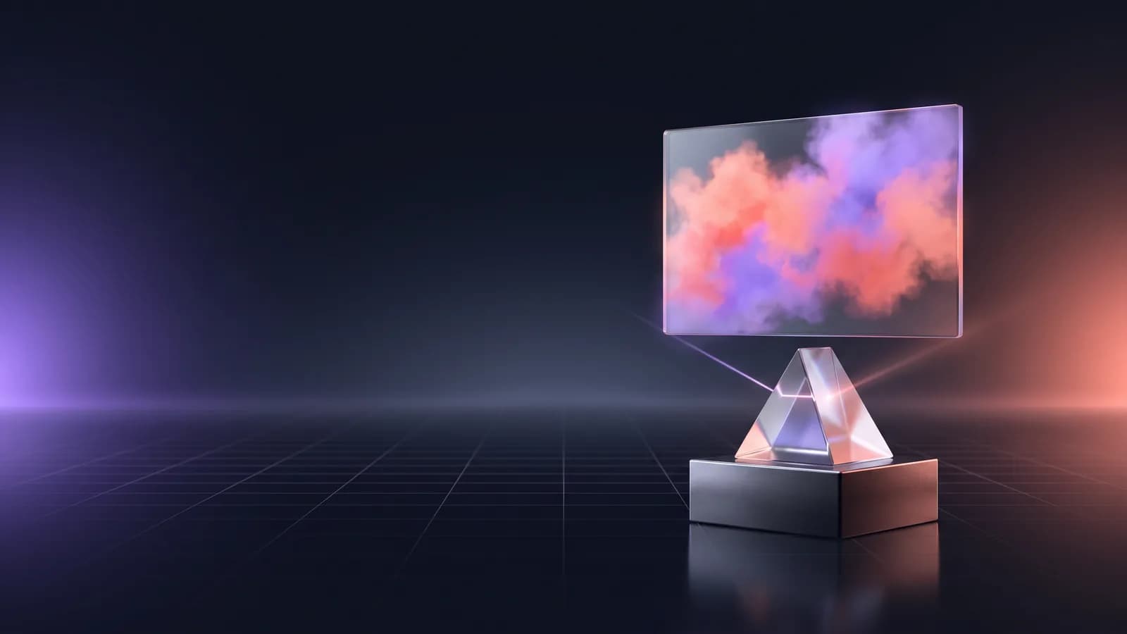 Glass prism on a dark pedestal projecting a frame with violet and coral clouds.