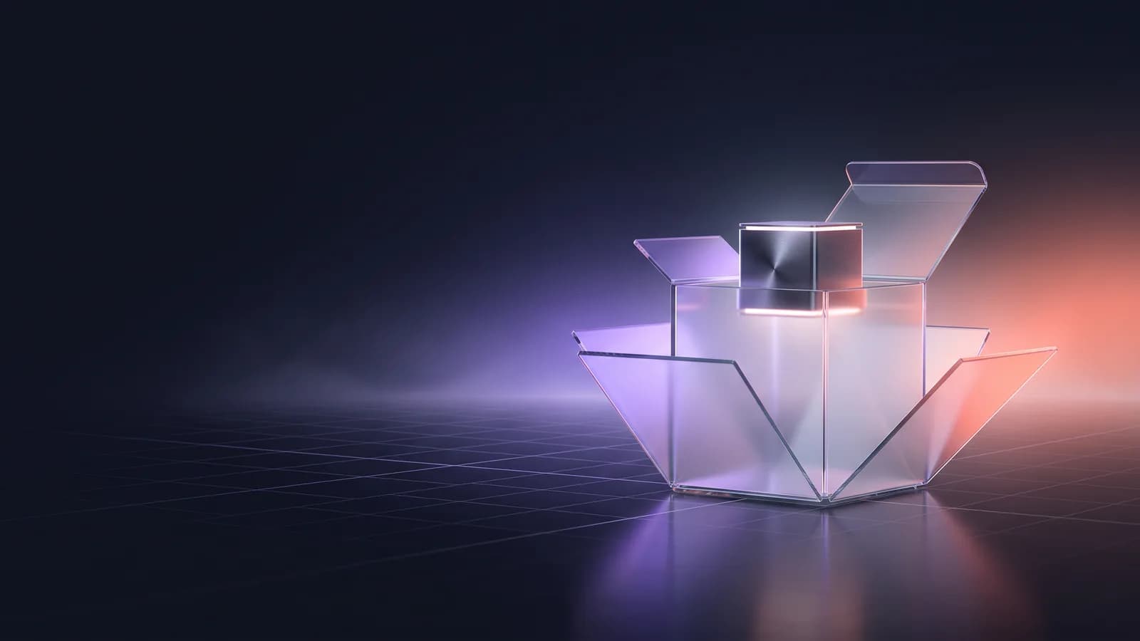 Caixa de vidro aberta com um cubo de metal brilhante a sair de dentro.