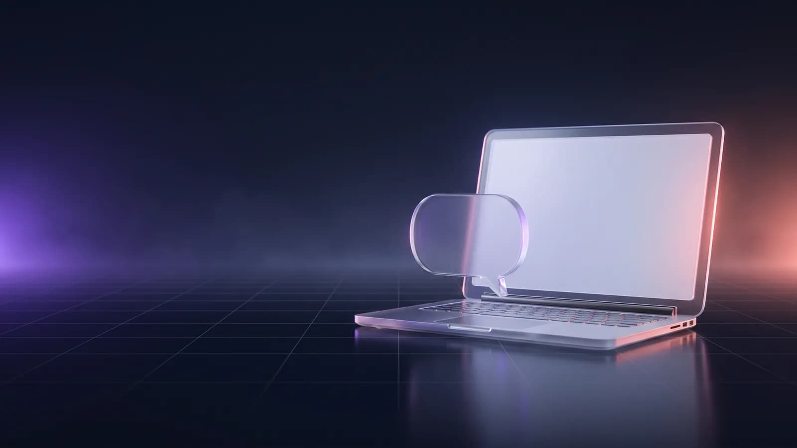 Open glass and metal laptop with a glass speech bubble next to the screen.