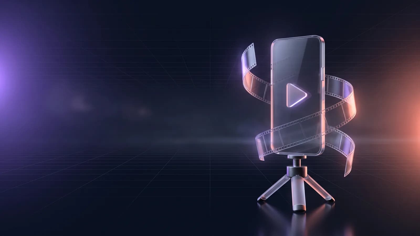 Telemóvel de vidro num tripé, com um botão de reprodução e uma fita de filme à volta.