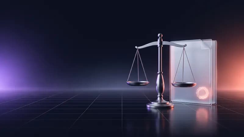 Balança da justiça em metal à frente de um documento de vidro com um selo.