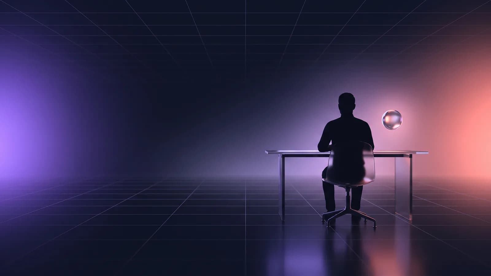 Silhouette of a person sitting at a glass desk, with a small sphere of light floating nearby.