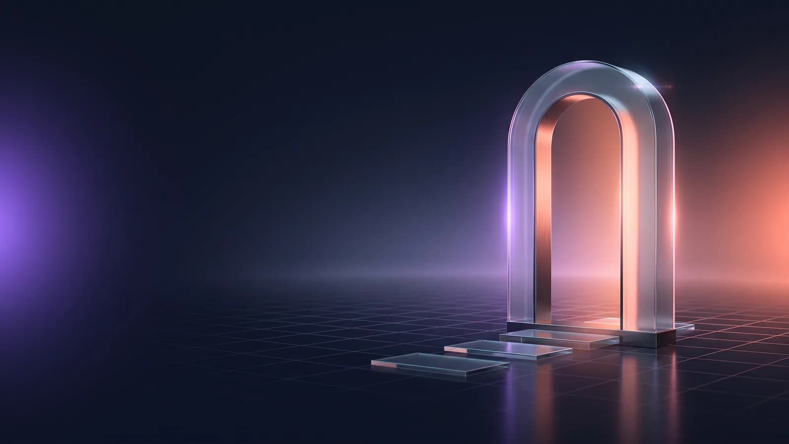 Glass arch shaped like a door, with glass steps leading up to it.