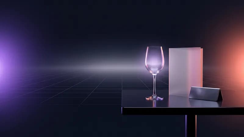 Mesa escura com um copo de vinho, uma ementa de vidro e uma placa de reserva.
