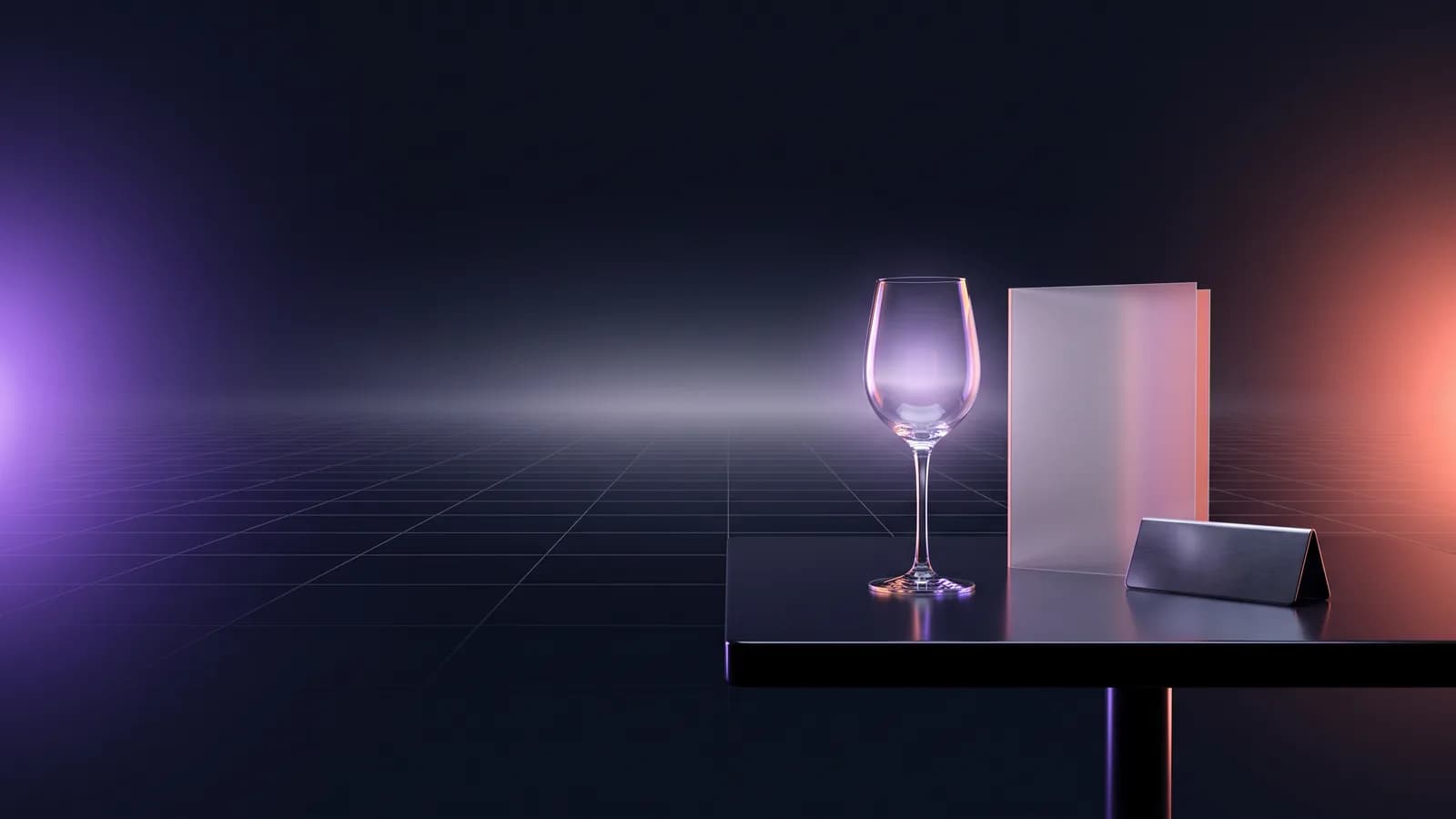Mesa escura com um copo de vinho, uma ementa de vidro e uma placa de reserva.