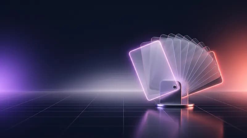 Leque de cartões de vidro com contornos luminosos, preso num suporte de metal.