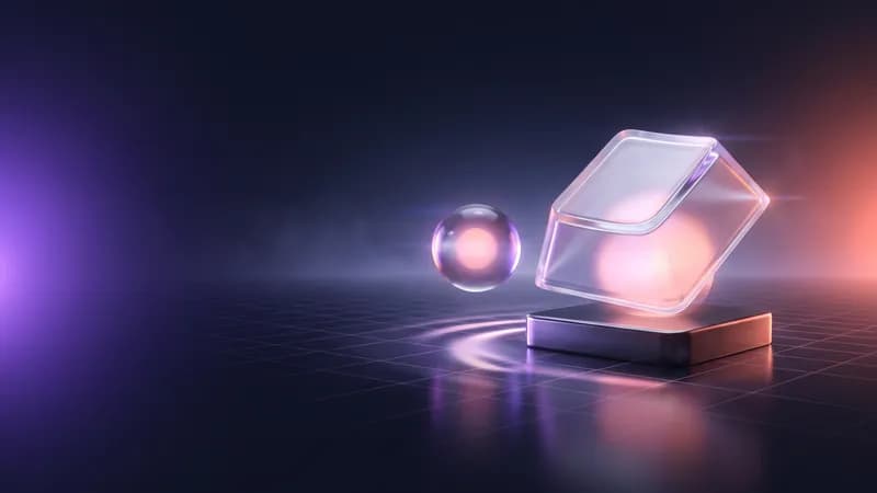Esfera de vidro ao lado de um bloco de vidro translúcido com uma luz no interior, sobre uma base de metal.