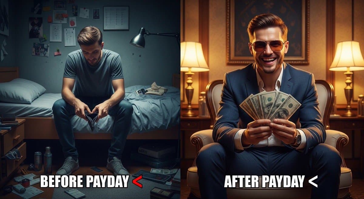YouTube Thumbnail - Split Scene 'Before and After Payday' Prompt for Nano Banana Pro