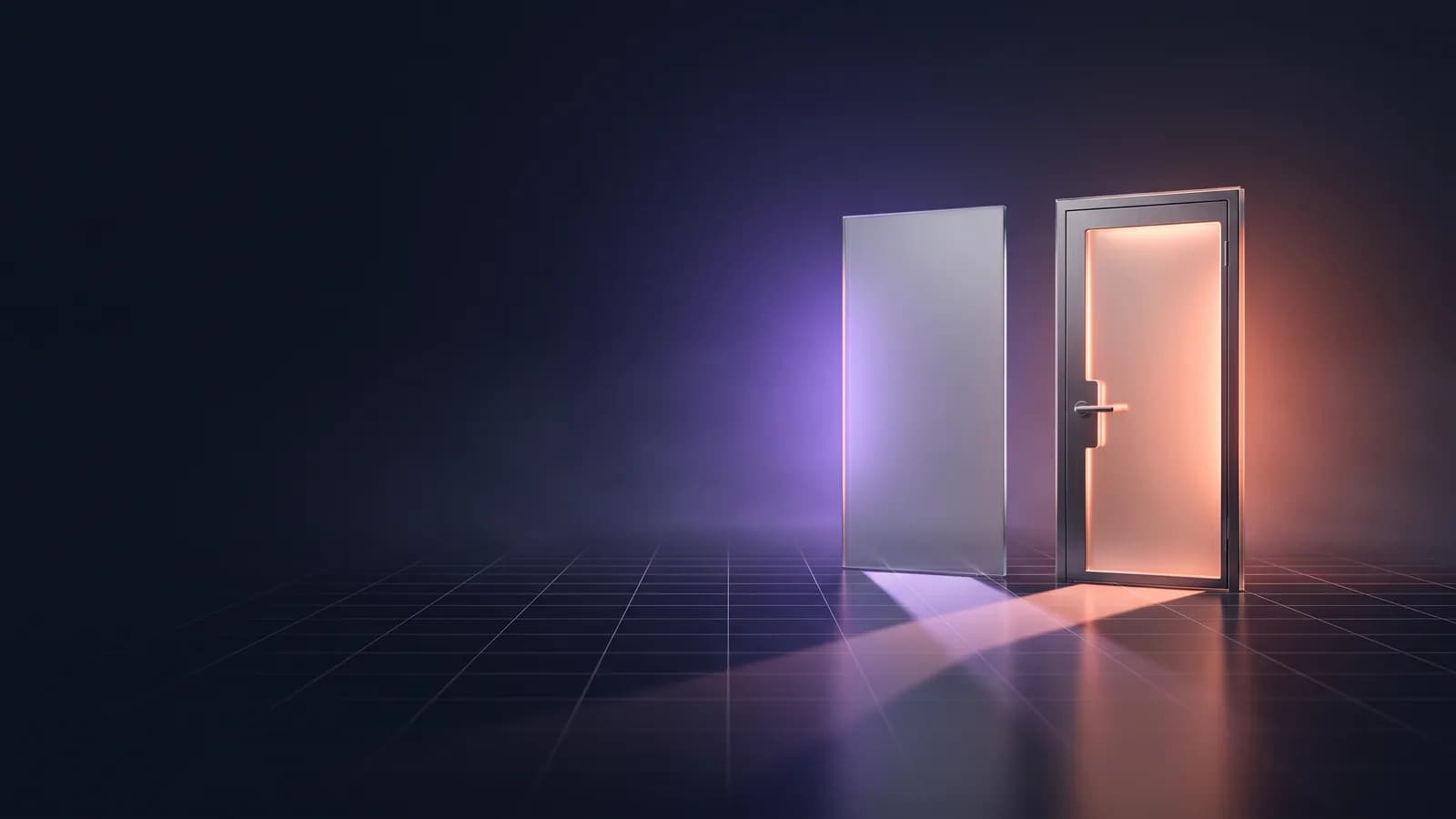 Duas portas lado a lado, uma fechada e outra aberta com luz a sair.