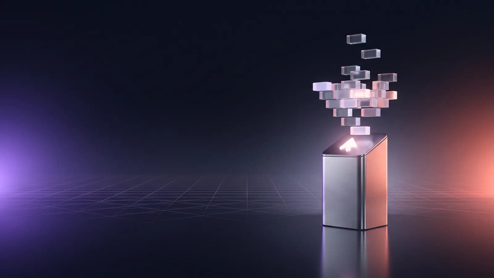 Bloco de metal com uma abertura luminosa de onde sobem pequenos cubos de vidro.