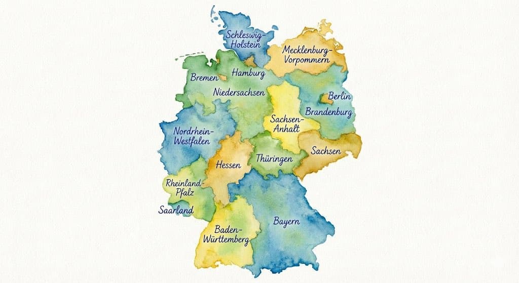 Watercolor map of Germany with labeled states